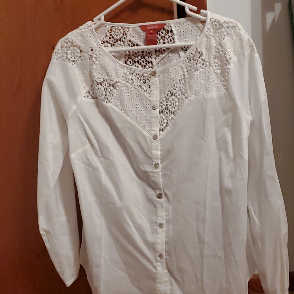 White on white embellished button down blouse